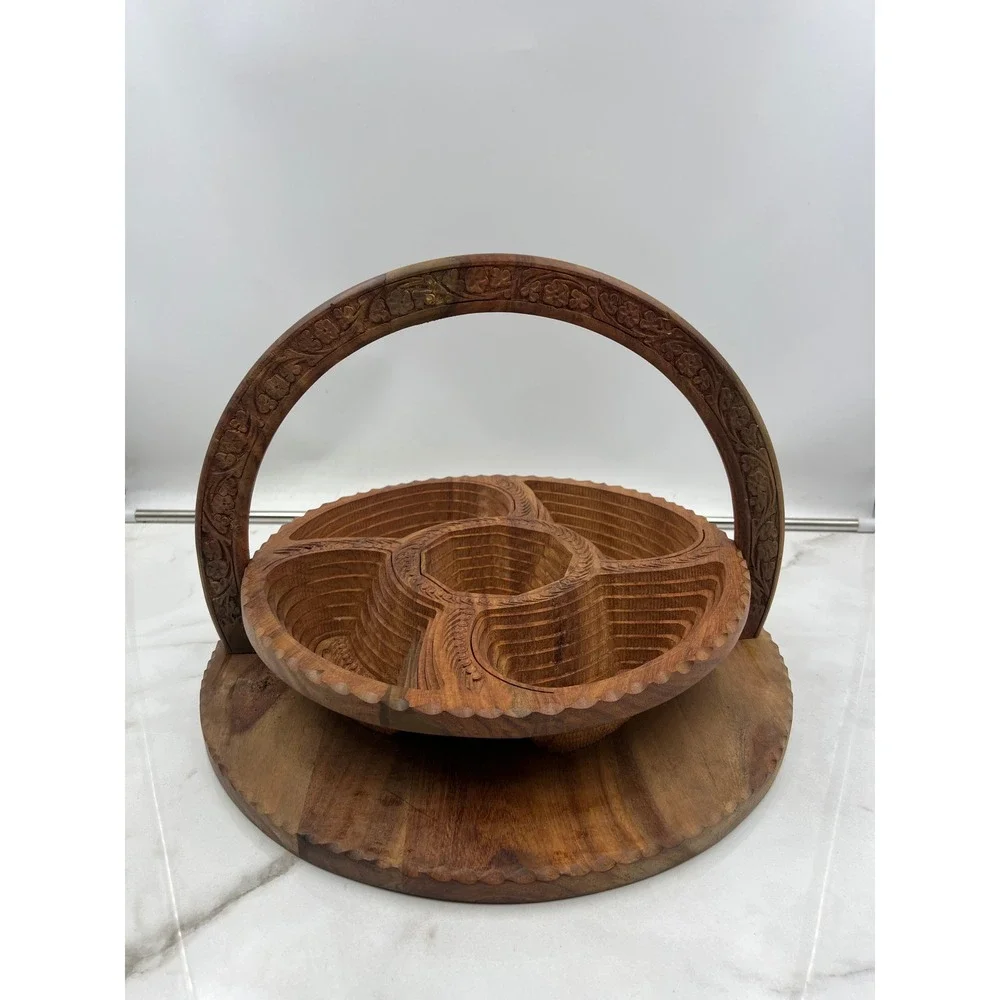 Hand Carved Collapsible Wooden Fruit Basket Spiral Design 5 Compartment Trivet